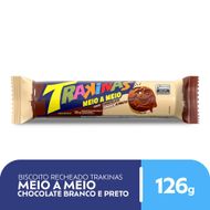 Biscoito Recheado Trakinas Meio a Meio chocolate ao leite e branco de 126g