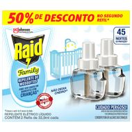 Repelente Líquido Elétrico 45 Noites Raid Family Caixa 2 Unidades 32,9ml Cada Grátis 50% de Desconto no Segundo Refil