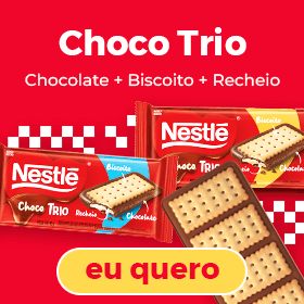 Experimente choolates em barra Choco Trio Nestlé. Tem uma camada de choolate, mais uma de biscoito e recheio!